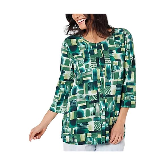 LOGO by Lori Goldstein Printed Cotton Slub 3/4 Sleeve Cardigan Green XS A509474 - Picture 1 of 1